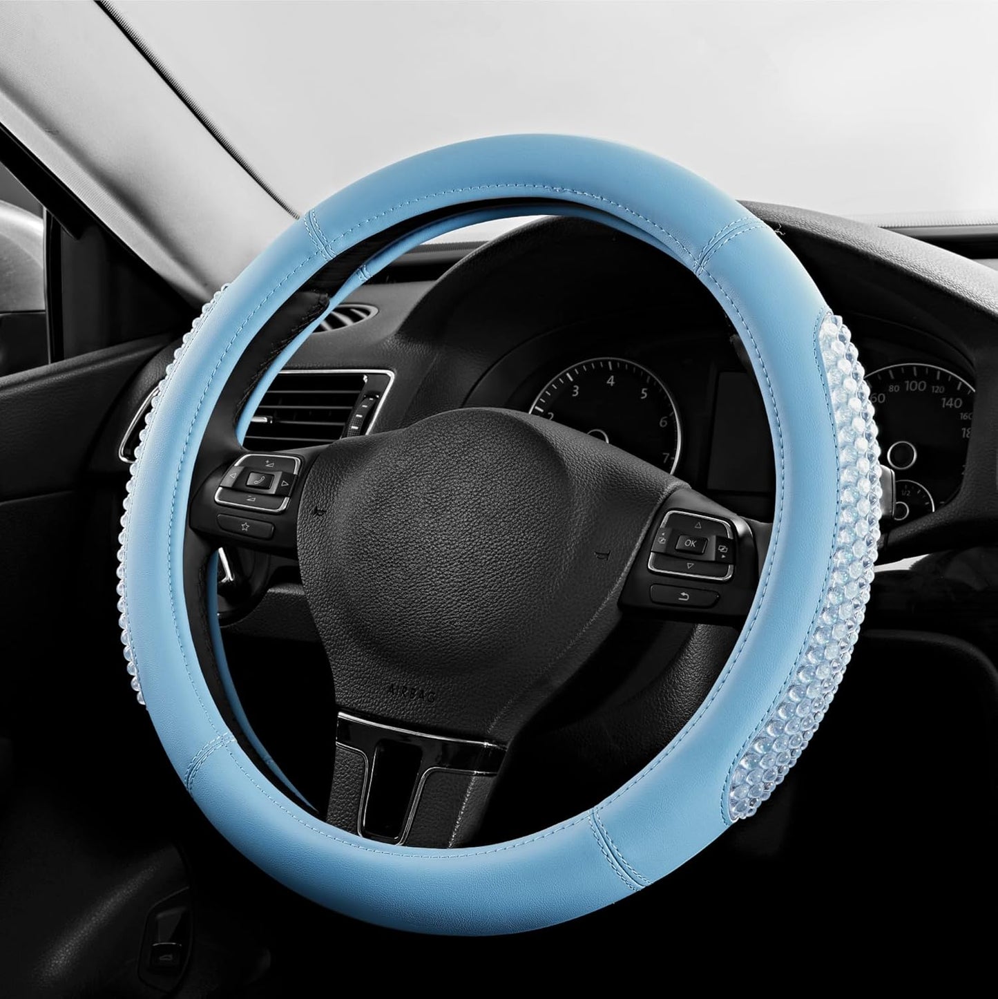 PIC AUTO Gel Particles Steering Wheel Cover, Blue Luxury Leather Car Steering Wheel Protector, Universal Fit 14.5"-15.5" Anti-Slip Car Interior Accessories for Girls & Womenn