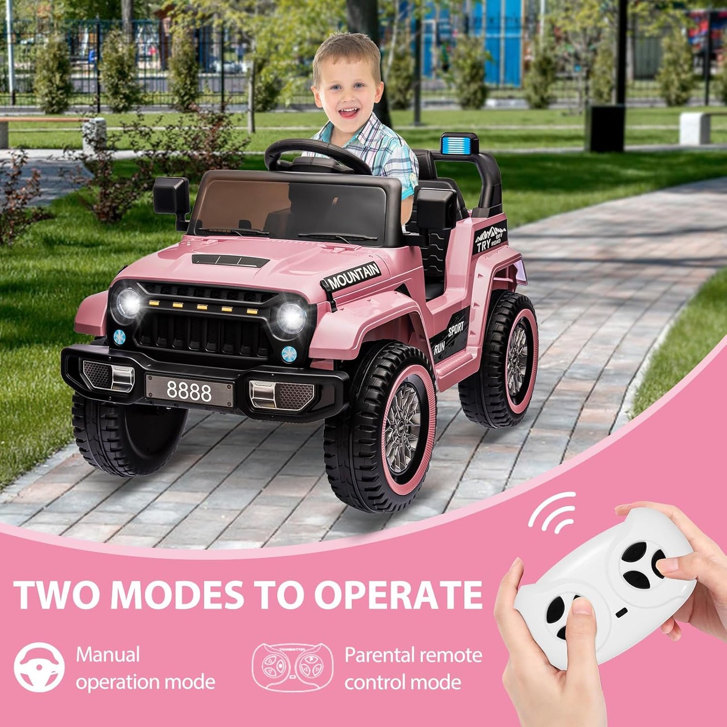 12V Kids Ride on Truck Car, w/Parent Remote Control, Twin 35w Motors, 3 Speeds, LED Lights, Music & Horn, Spring Suspension, Kids Electric Vehicles Toy for 3-5 Years Old Boys Girls Gift, Light Pink