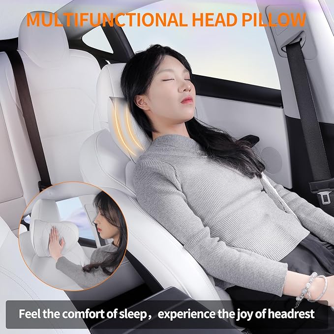 Car Neck Pillow Memory Foam Premium Leather Headrest Neck Support Cushion Universal for Driving Home Office, White,1PC