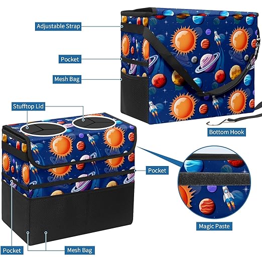 Car Trash Can Navy Blue Space Planets Art Large Storage Garbage Can with Lid Hanging for Back Seat Leakproof Automotive Vehicle Trash Bin