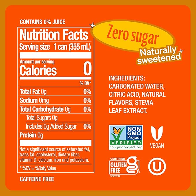 Zevia Zero Sugar Soda, Orange, 12 oz Cans (24-Pack) – Naturally Sweetened, Non-GMO Project Verified, Gluten-Free, Vegan