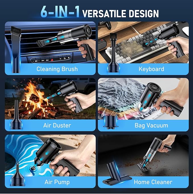 Car Vacuum Portable Cordless, 35000Pa High Power Brushless Motor Handheld Vacuum, 6-in-1 Rechargeable Mini Cleaner with Air Duster for Car, Home, Pet Hair, Keyboard,Grey