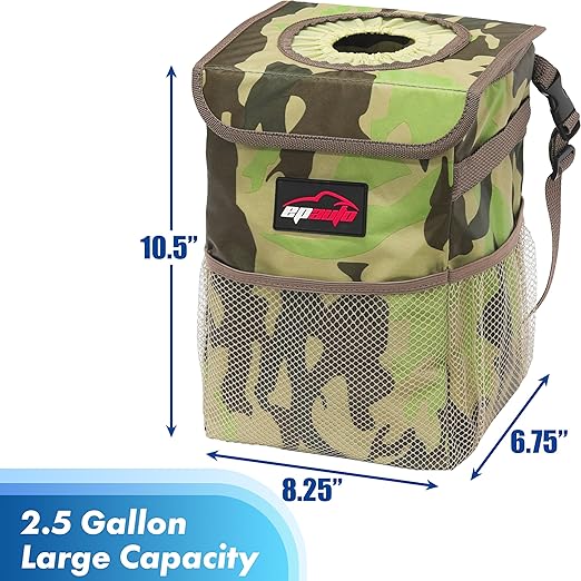 EPAuto Waterproof Car Trash Can with Lid and Storage Pockets, Camouflage Green