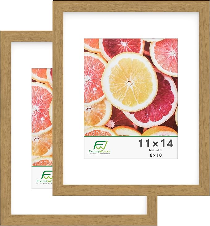 FrameWorks 2-Pack, 11x14 Matted to 8x10 Picture Frame, Golden Oak – Classic Wooden Photo Frame with Tempered Glass, Modern Matte Finish for Prints, Posters, Certificates & Wall Decor – Gallery-Ready