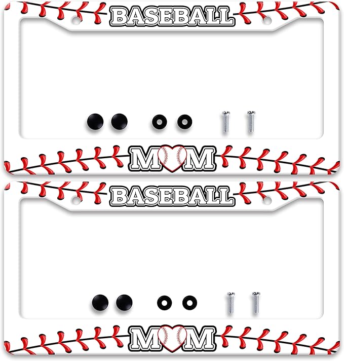2 Pcs Baseball Mom License Plate Frame Ball Texture License Plate Frames Personalise Stainless Steel Funny Design Compatible with Standard License Plate Holder for USA and Canada 6 X 12 Inch