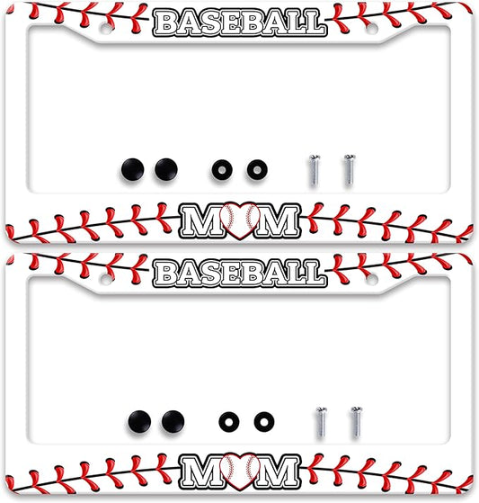 2 Pcs Baseball Mom License Plate Frame Ball Texture License Plate Frames Personalise Stainless Steel Funny Design Compatible with Standard License Plate Holder for USA and Canada 6 X 12 Inch