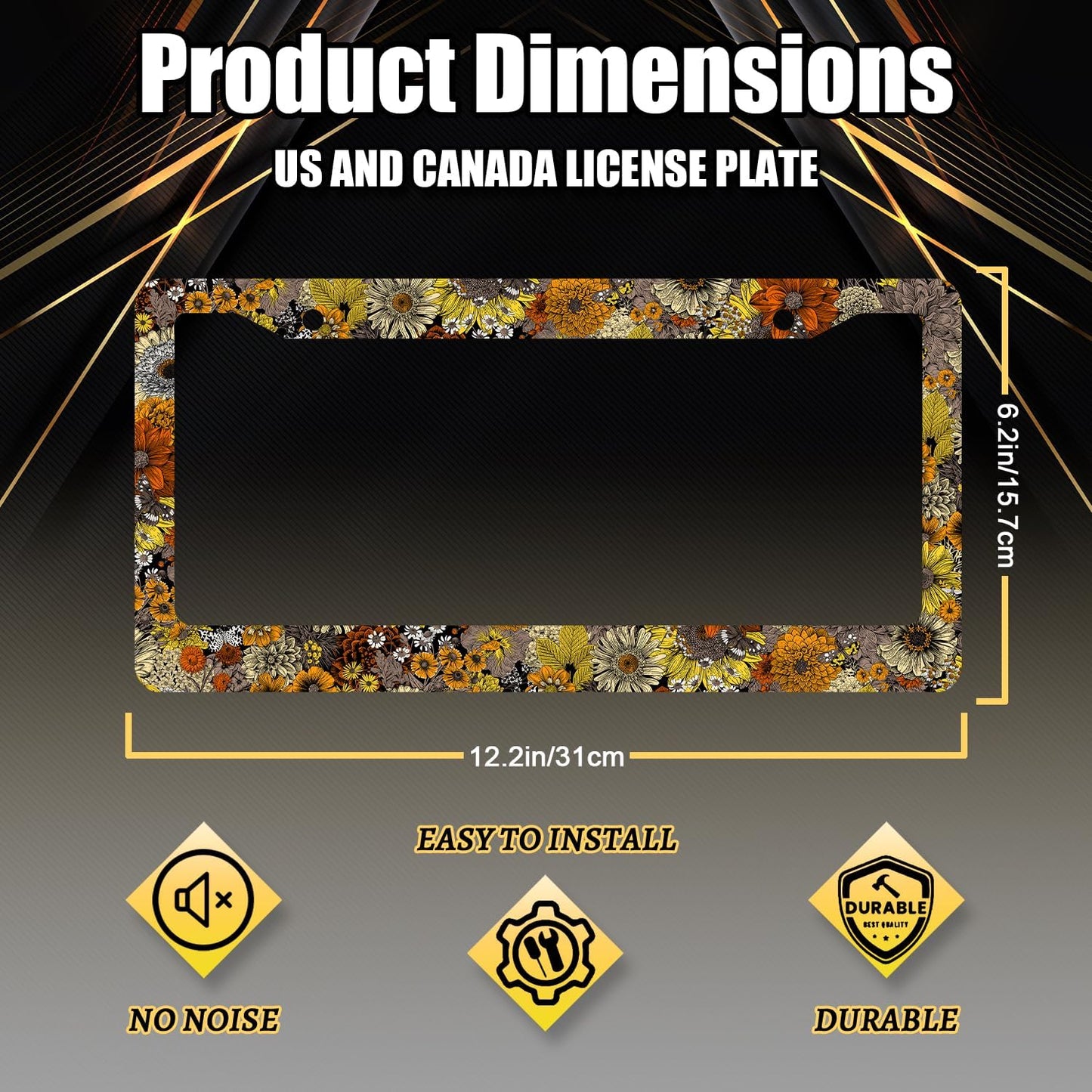 Vintage Sunflowers License Plate Frame Flowers License Plate Holder Stainless Steel Funny Colorful Car Accessories Decoration 6.3" X 12.3" With2 Holes Screws