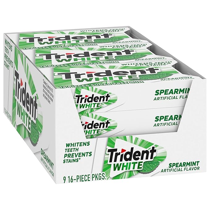Trident White Spearmint Sugar-Free Chewing Gum, 9 Pack of 16 Pieces (144 Total Pieces)