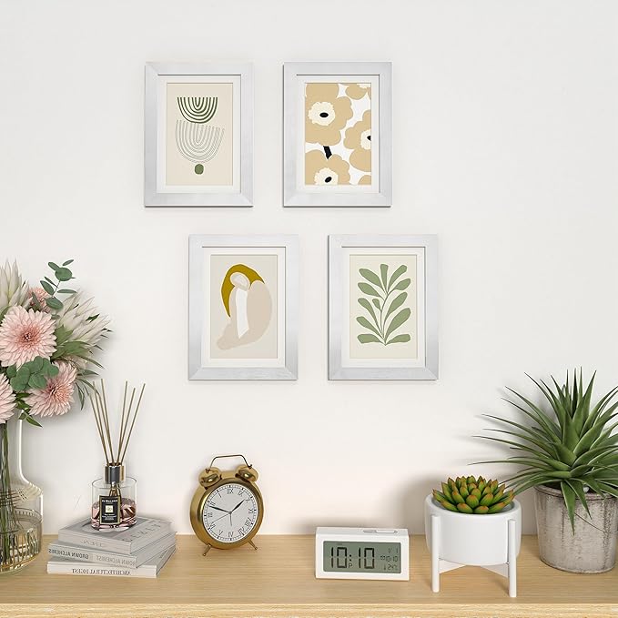 KINLINK 5x7 Picture Frame Silver Set of 4, Wooden Photo Frames Matted 4x6 with Plexiglass for 4x6 with Mat or 5x7 without Mat for Table and Wall Display