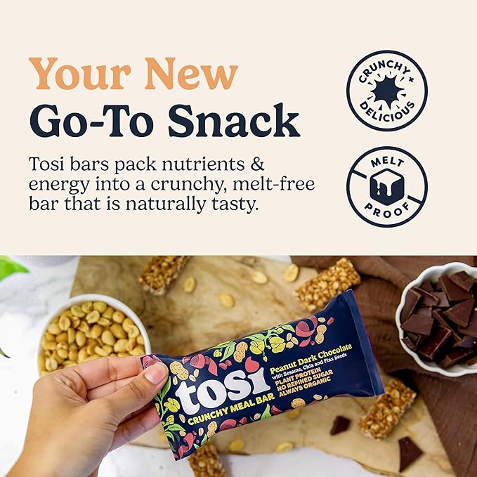 Tosi Peanut Dark Chocolate Meal Bars - 16g Plant Based Protein, Crunchy Nut & Seed Vegan Snack Bars, Gluten Free & Organic Healthy Snacks, Omega 3s, Flax & Chia Seeds, 2.4 oz, 12 Pack