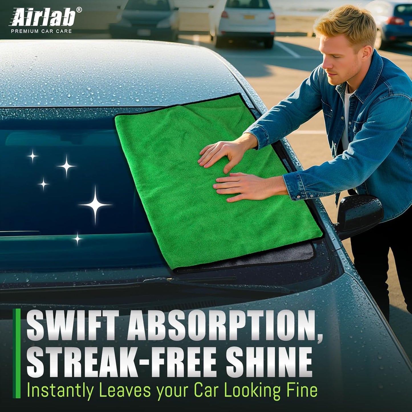 Airlab Microfiber Towels for Cars Wash Drying Thick Plush Cleaning Cloth Auto Detailing Super Absorbent for Interior & Exterior Lint Free, Streak Free, 35 x 24 Inch, 500 GSM, Pack of 2, Grey-Green