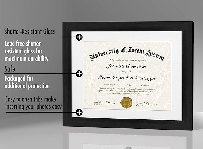 Americanflat 11x14 Diploma Frame with Shatter-Resistant Glass - Use as 8.5x11 Frame with Mat or Display 11x14 Documents Without Mat - Legacy Collection - Certificate Frames for Wall Display - Black