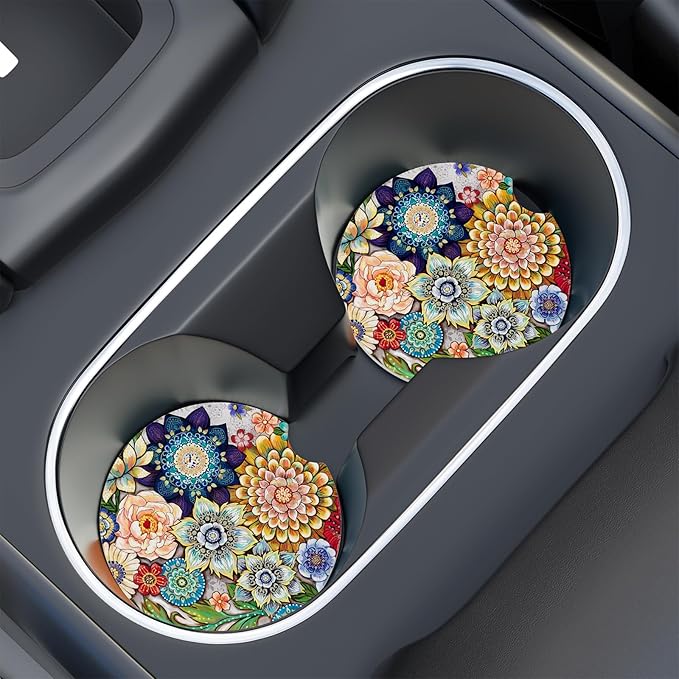 Car Cup Holder Coaster, Car Coasters for Cup Holders, 2 Pack Universal Anti Slip Insert Absorbent Ceramic Auto Interior Accessories with A Finger Notch & Cork Base, Mandala Flowers