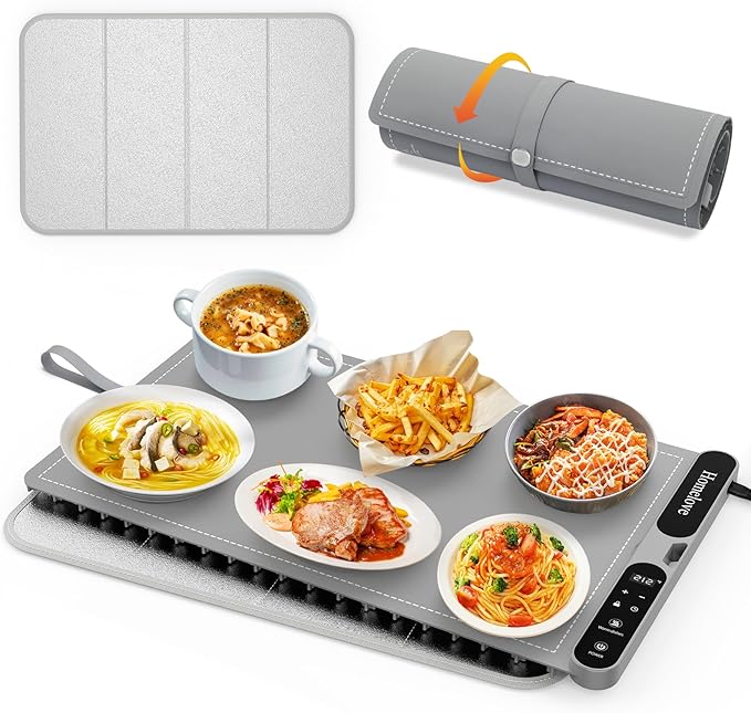 Homelove Food Warming Mat for Parties Buffet - Full Surface Fast Heating Electric Warming Tray with 7 Temp-Settings & 8H Timer, Portable Roll Up Food Warmer with Heat Insulation Pad XL-Grey