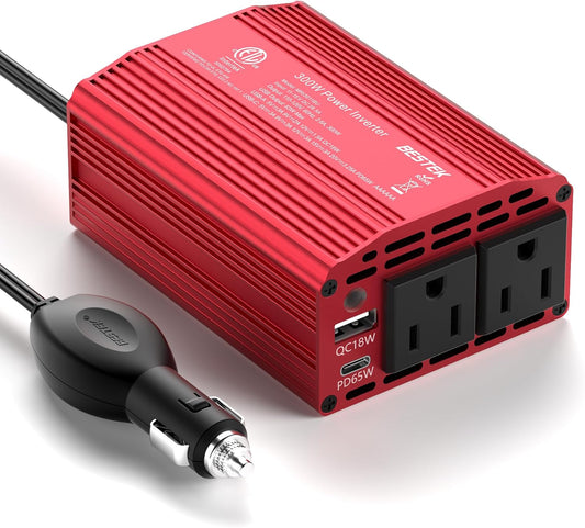 BESTEK 300W Car Power Inverter with 65W USB-C and QC3.0 Ports - 12V DC to 110V AC Converter for Vehicles with Multi-Protection - Red
