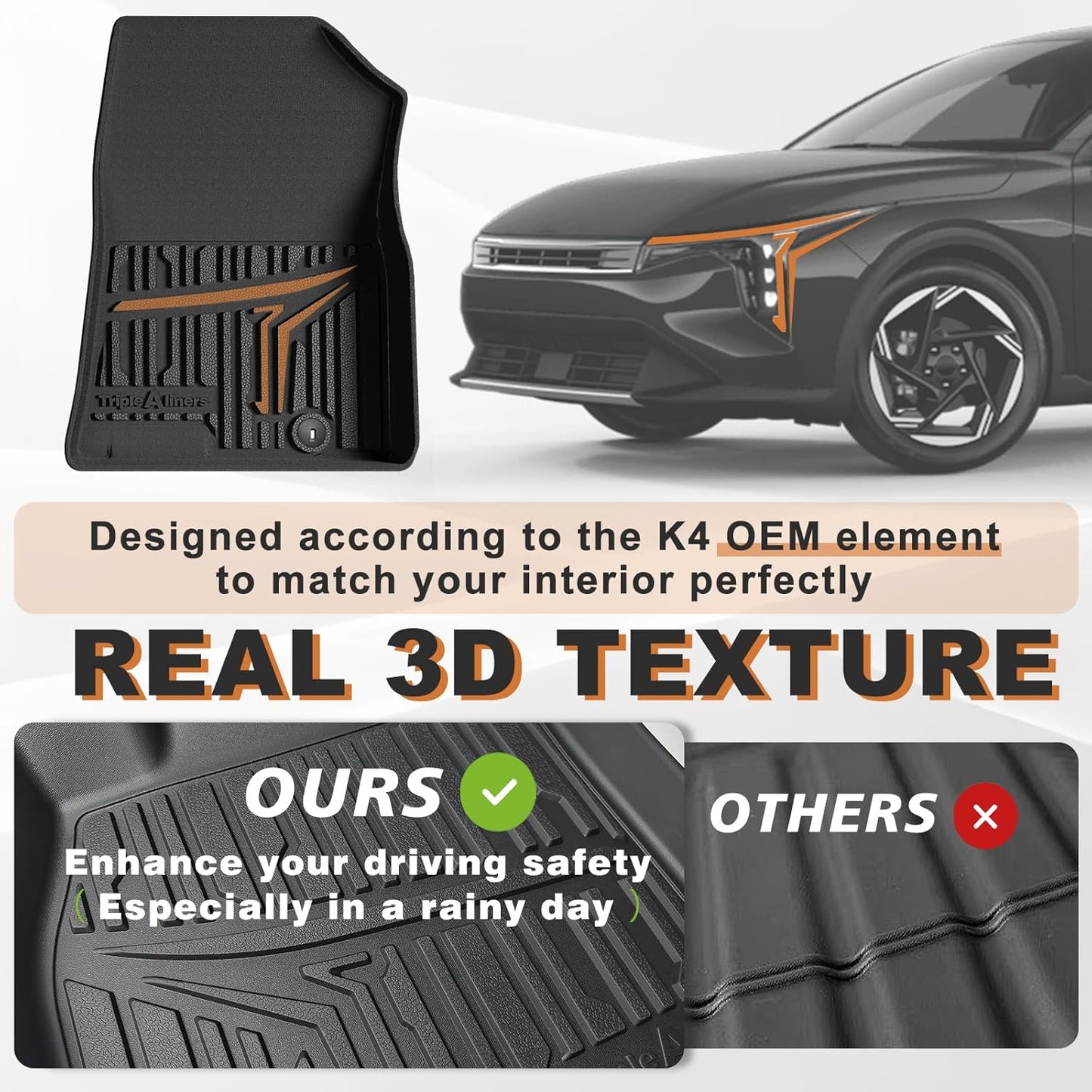 TripleAliners All Weather Floor Mats Compatible with 2024 2025 KIA K4 Accessories 1st & 2nd Row Liners TPE Full Coverage Protection Waterproof Car Floor Liners