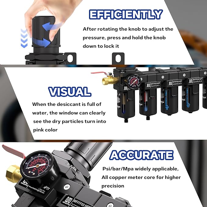 NEWPO 3/8" NPT 5 Stage Air Dryer for Compressor,Air Pressure Regulator with 5＆0.01 Micron Filter Cartridge,Triple Desiccant Dryer & Air Drying System,Semi-Auto Drain (Black)