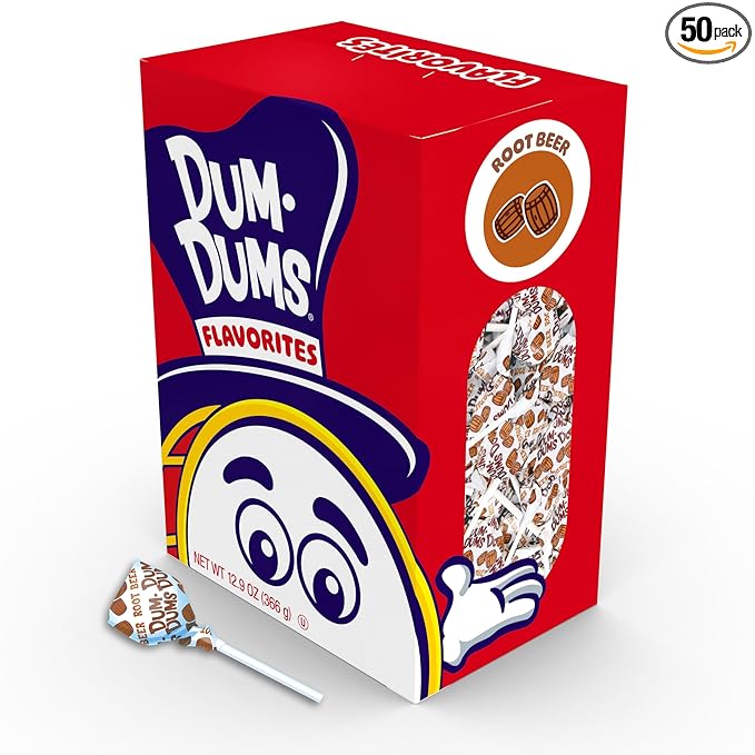 Dum Dums Root Beer Lollipops - Bulk Candy Bag with Lollipops Individually Wrapped, Single Flavor Gourmet Suckers - 50 Count