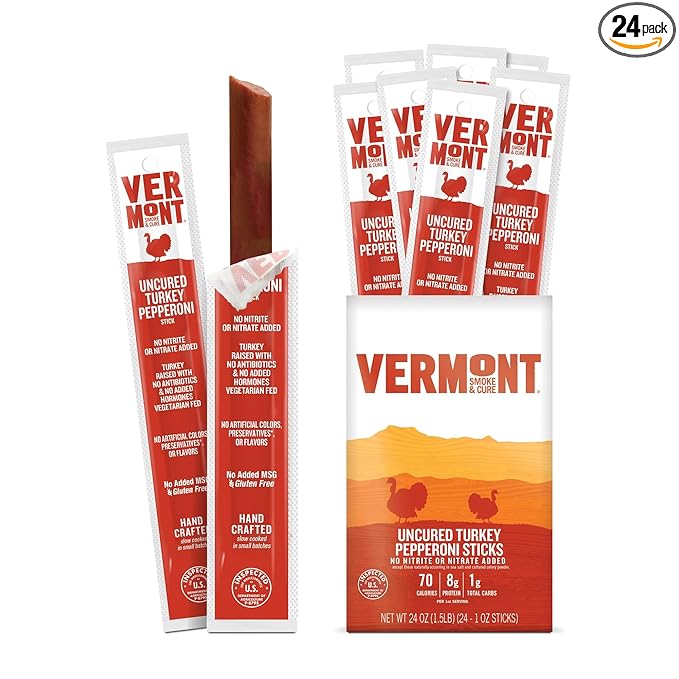 Vermont Smoke & Cure - Turkey Uncured Pepperoni Meat Sticks - Protein Snacks - On the Go Healthier Snack for Adults & Kids - 24 Count