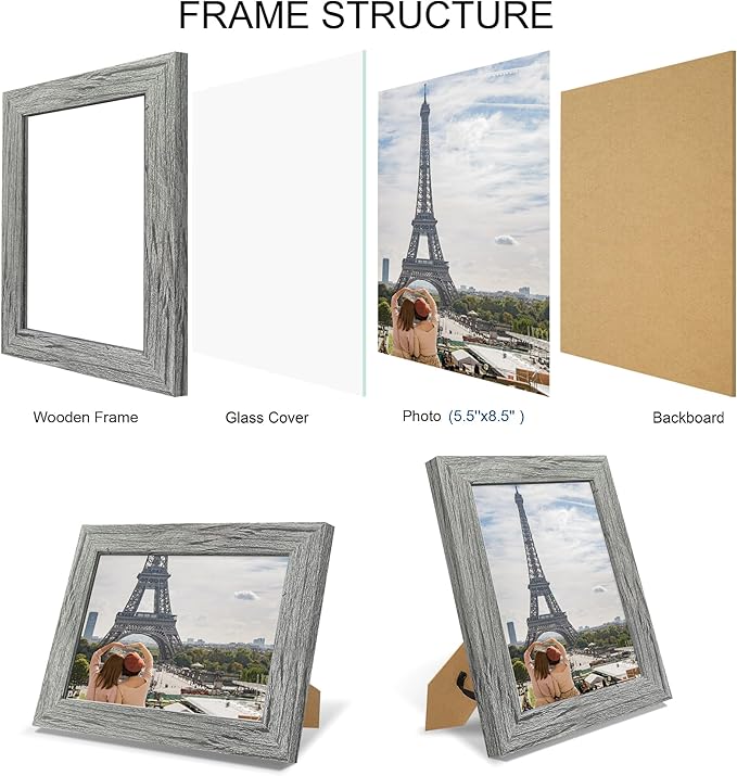 5.5x8.5 Picture Frame Set of 4, Made of Real Glass and Grey Frame, 5.5 by 8.5 Photo for Wall or Tabletop