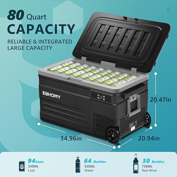EUHOMY 12 Volt Refrigerator, 80QT(75L) 12V Fridge, Electric Cooler APP Control, Car Fridge 12/24V DC 100-240V AC, Car Refrigerator 0℉~68℉, 12 Volt Cooler for Camping, Trip, Truck, Boating, Outdoor