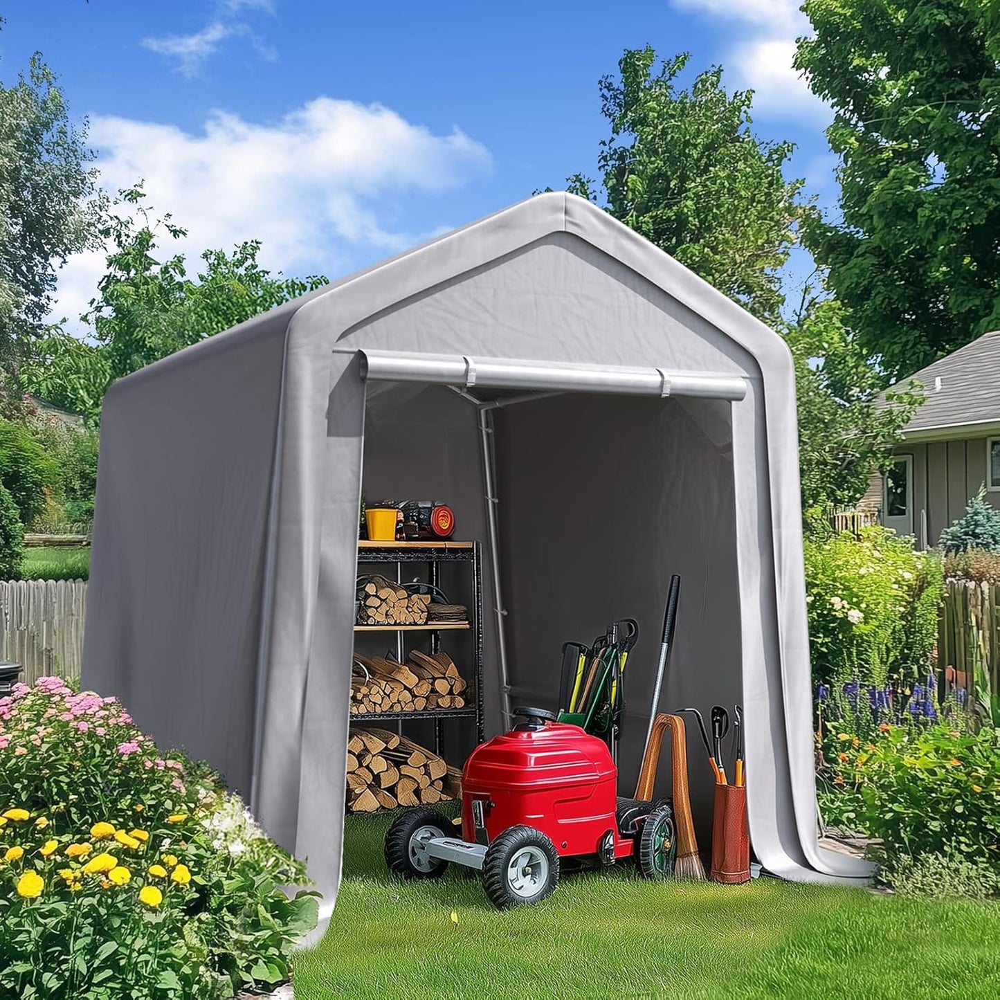Quictent Heavy Duty 6x8FT Carport Shelter with Roll-Up Mesh Windows & Reinforced Frame, Portable Garage Canopy for Motorcycle Storage, Outdoor Equipment, Patio Furniture Cover - Silver Gray