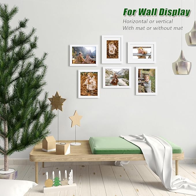 KINLINK 6x8 Picture Frame White Set of 4, Wooden Photo Frames Matted 4x6 with Plexiglass for 4x6 with Mat or 6x8 without Mat for Table and Wall Display