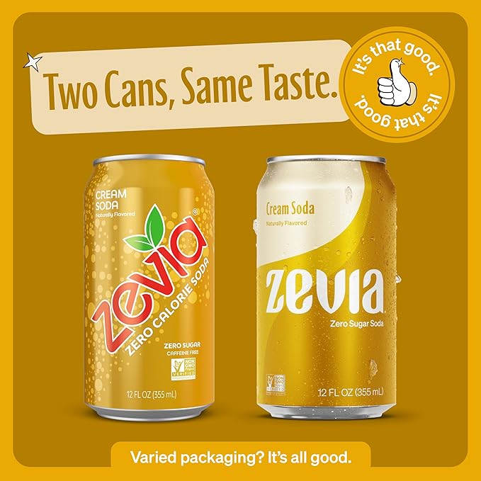Zevia Zero Sugar Soda, Cream Soda, 12 oz Cans (24-Pack) – Naturally Sweetened, Non-GMO Project Verified, Gluten-Free, Vegan
