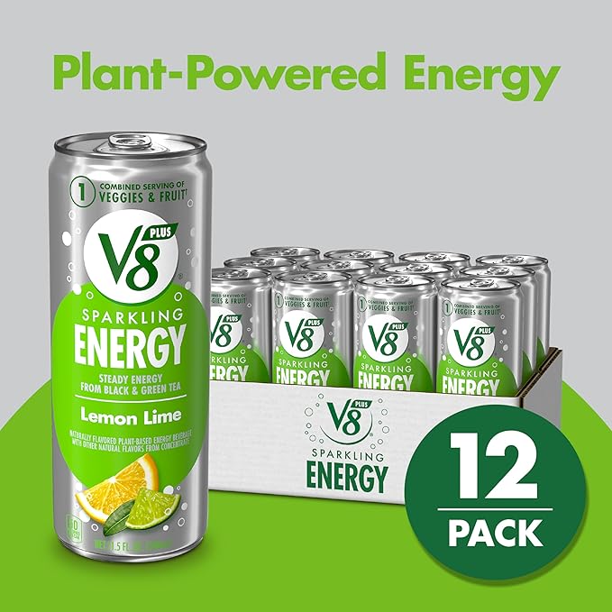 V8 +SPARKLING ENERGY Lemon Lime Energy Drink, Made with Real Vegetable and Fruit Juices, 11.5 FL OZ Can (Pack of 12)