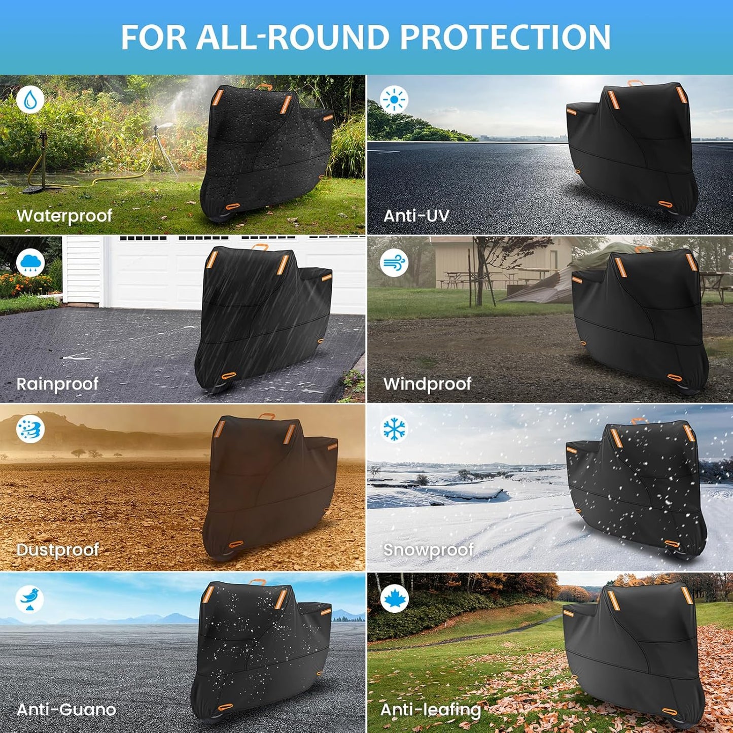 Waterproof Motorbike Cover Outdoor, Motorcycle Scooter Moped Rain Dust Protection Cover with 4 Reflective Strips and 2 Windproof Buckles, 2 Lock-Holes for Most Motorcycles (3XL: 104 x 35 x 49 inch)