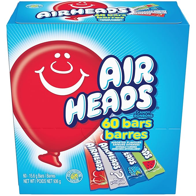 Airheads Candy Bars, Variety Bulk Box, Chewy Full Size Fruit Taffy, Gifts, Holiday, Parties, Concessions, Pantry, Non-Melting, Party, 60 Individually Wrapped Full Size Bars