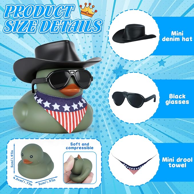 Military Green Rubber Duck Car Ornament with Cowboy Hat, Sunglasses & Bandana - Funny Dashboard Decor Accessories for Car, Desk or Home