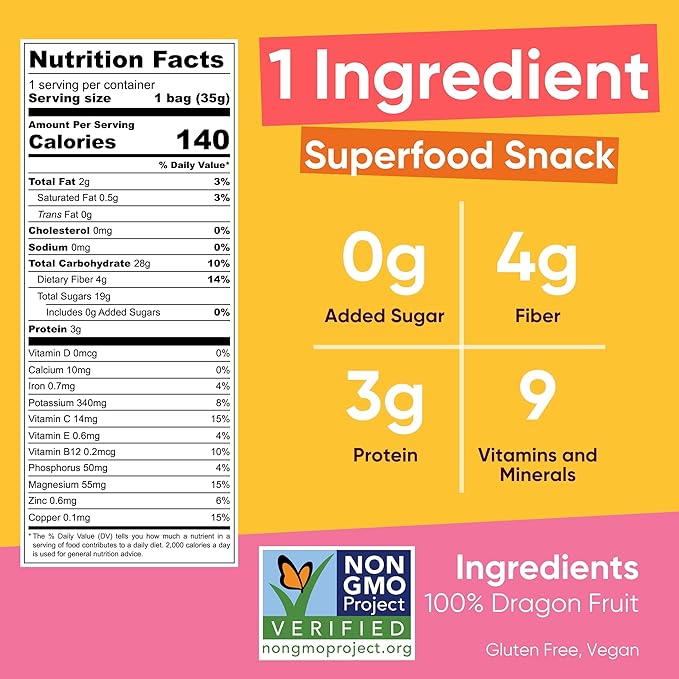 Yammy Dried Dragon Fruit Chips for Drinks Refreshers, Healthy 1 Ingredient Superfood Snack, Crunchy Like Freeze Dried Dragonfruit Chunks, Dehydrated Pitaya Pieces, Gluten Free Vegan (1.2oz Pack of 12)