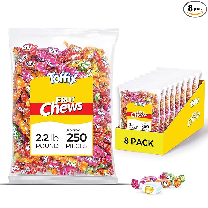 Toffix, Fruit Chews, Center-Filled Soft Fruit Chews Candy Individually Wrapped Snacks, Orange, Strawberry, Pineapple, Watermelon & Apple, Fruity Flavored Chewy Candies, 2.2 Pound Bulk Bag, Pack of 8