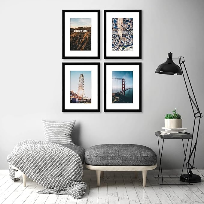Americanflat 12x16 Picture Frame with Shatter-Resistant Glass - Set of 4 - Use as 8x12 Frame with Mat or Display 12x16 Photo Without Mat - Signature Collection - Picture Frames for Wall - Black