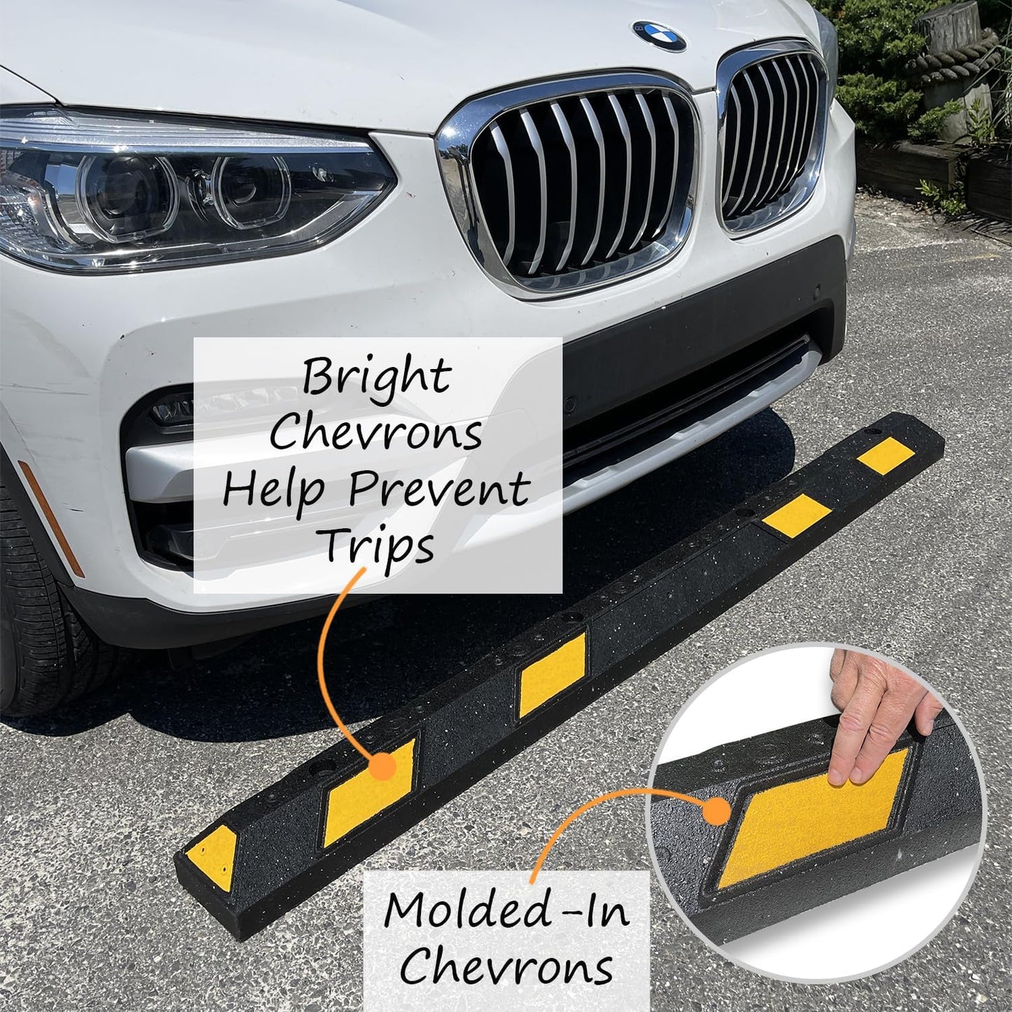 SmartSign Rubber Parking Curb - Heavy Duty Parking Stop with Yellow Reflective Stripe Chevrons, 72" Long (6ft), Wheel Stop for Parking Lot/Garage/Cars/Trucks, Pre-Drilled Holes, Pack of 1, USA-Made