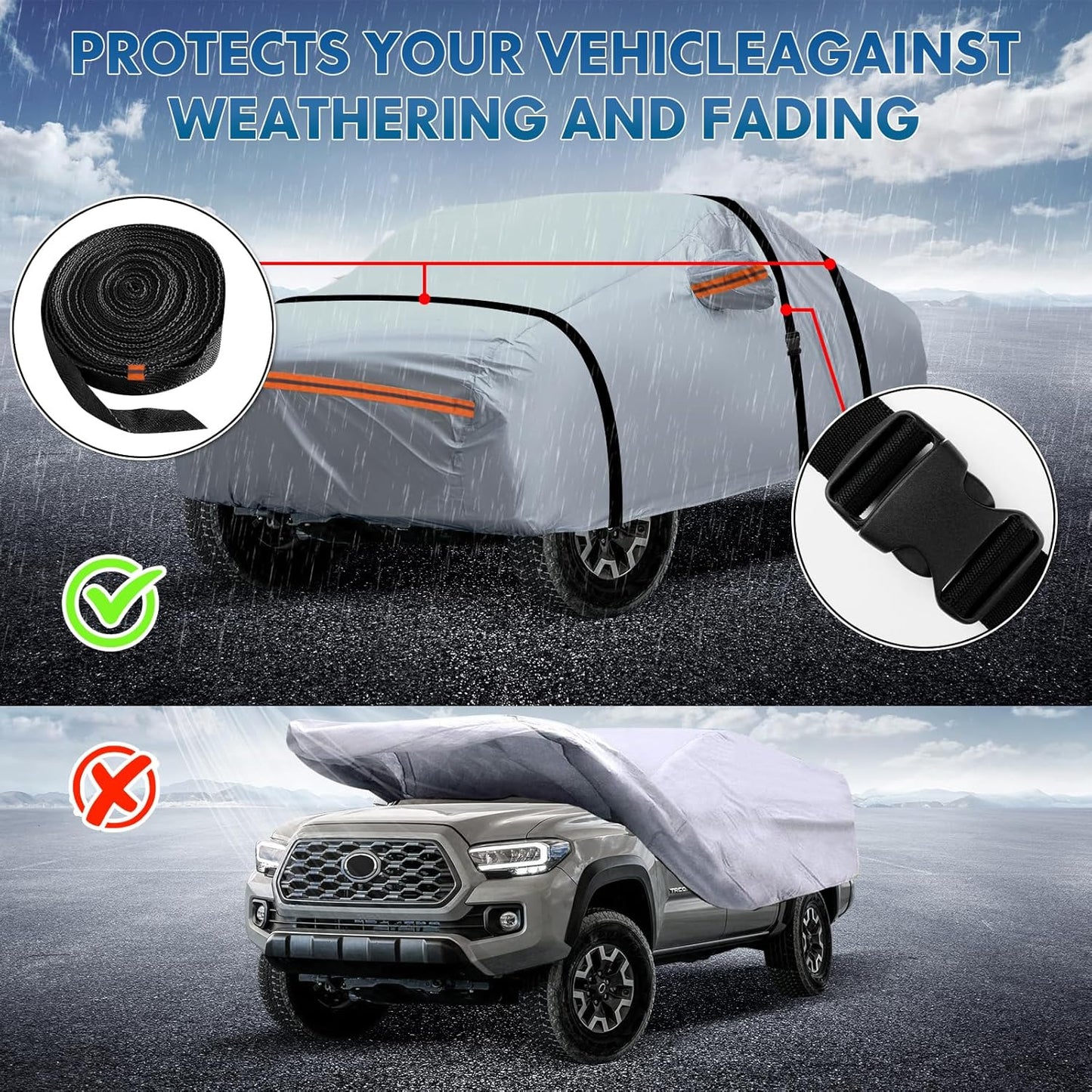 KEYOOG 6-Layer Full Car Cover is All-Weather Waterproof, Fit for 205"-216" Length Sedan, Universal in All Seasons, Snow Prevention, Rainproof, Acid Rainproof, Sunscreen, Orange Reflective Strip