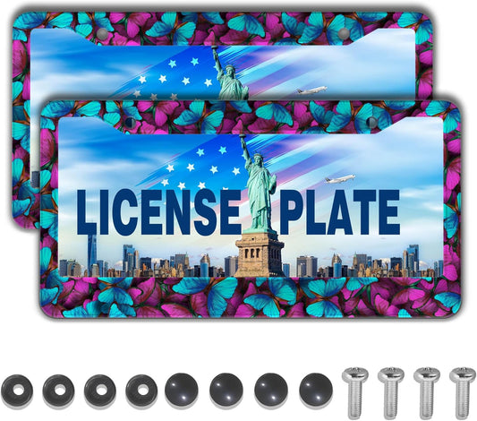 License Plate Frames Multicolor Car Plate Frame for Women Blue Purple Butterfly Women Universal Aluminum Car Accessory 2 Pack with Screw Covers Set