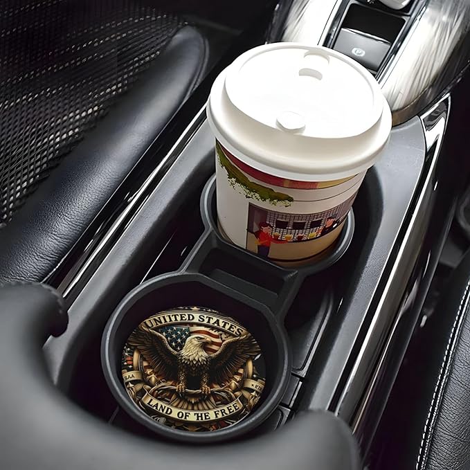 ABLESKY Car Coasters for Cup Holders, 2 Pack Absorbent Anti Slip Car Cup Holder Coasters, 2.56 Inch Ceramic Universal Size Auto Interior Accessories Women Men-Patriotic Bald Eagle USA Flag