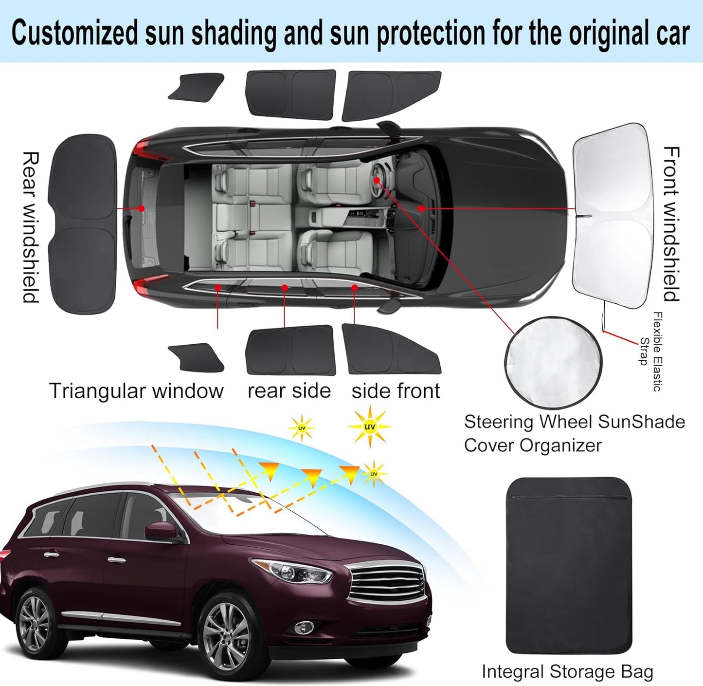 TINGLU Window Shades for Infiniti QX60 2014-2021 Accessorie Car Side Full Windows Rear Triangular Windshield Sun Shade Sun UV Rays & Privacy Protection for Camping,Napping,and Relaxing 8PCS