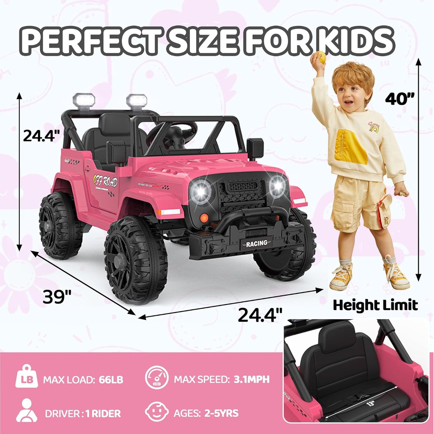 12V Ride On Truck Car with Remote Control, Kids Electric Vehicles with Bluetooth Music, Horn, 3 Speeds, 4 LED Lights, Soft Start, Ride-on Toy for Toddler Boys & Girls (Pink)