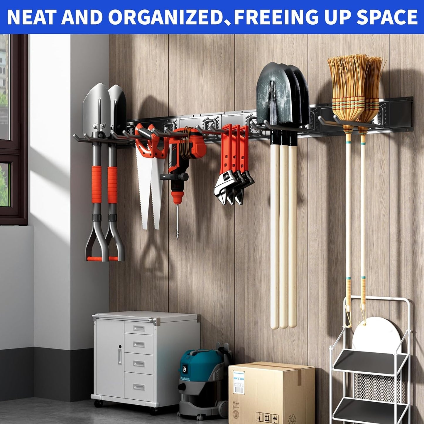 Garage Organization Tool Organizer Wall Mount, 48inch Heavy Duty Garden Tool organizer Storage System, Easy Install With 6 Adjustable Straight Hooks, For Garage, Basement, Shed, Workshop(Black)