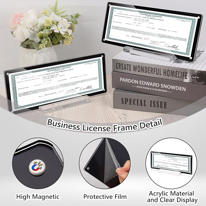 4x10 Business License Frame Magnetic Acrylic Business License Certificate Holder with Base Black Panoramic Photograph Picture Frame for Desk House Office Hotel Tabletop
