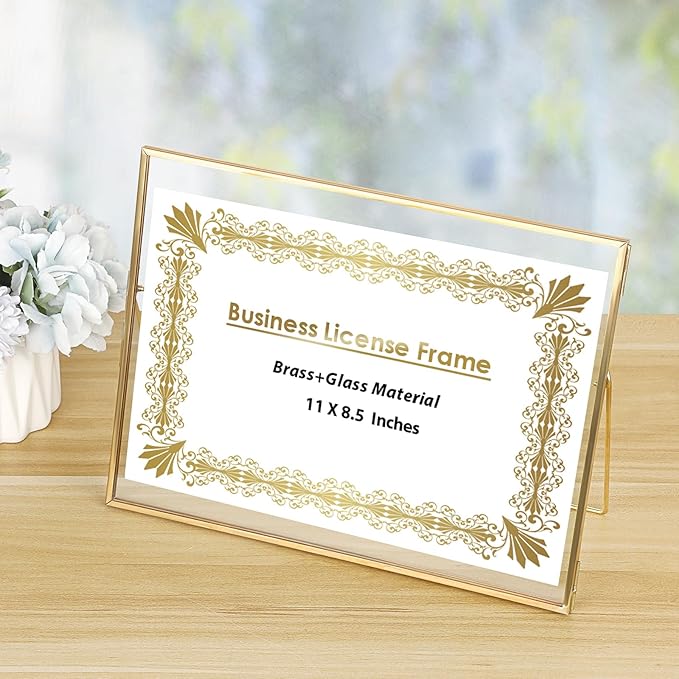 JUXYES Tabletop Business License Frame Brass License Certificate Display Frame, Double Glass Floating Diploma Frames, Desktop Golden Graduation Frames for 8.5x11 Certificate Business Licenses