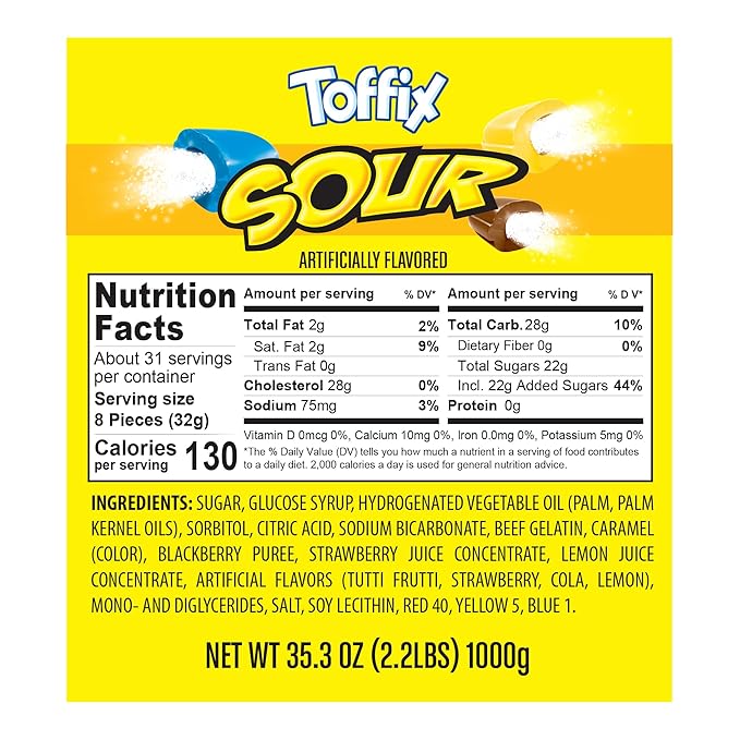 Toffix Sour Chews, Center-Filled Soft Chewy Candy, 250 Pieces of Individually Wrapped Snacks for Kids & Adults, Strawberry, Blueberry, Lemon & Cola Flavored Chewy Candies - 2 Pound Bulk Bag