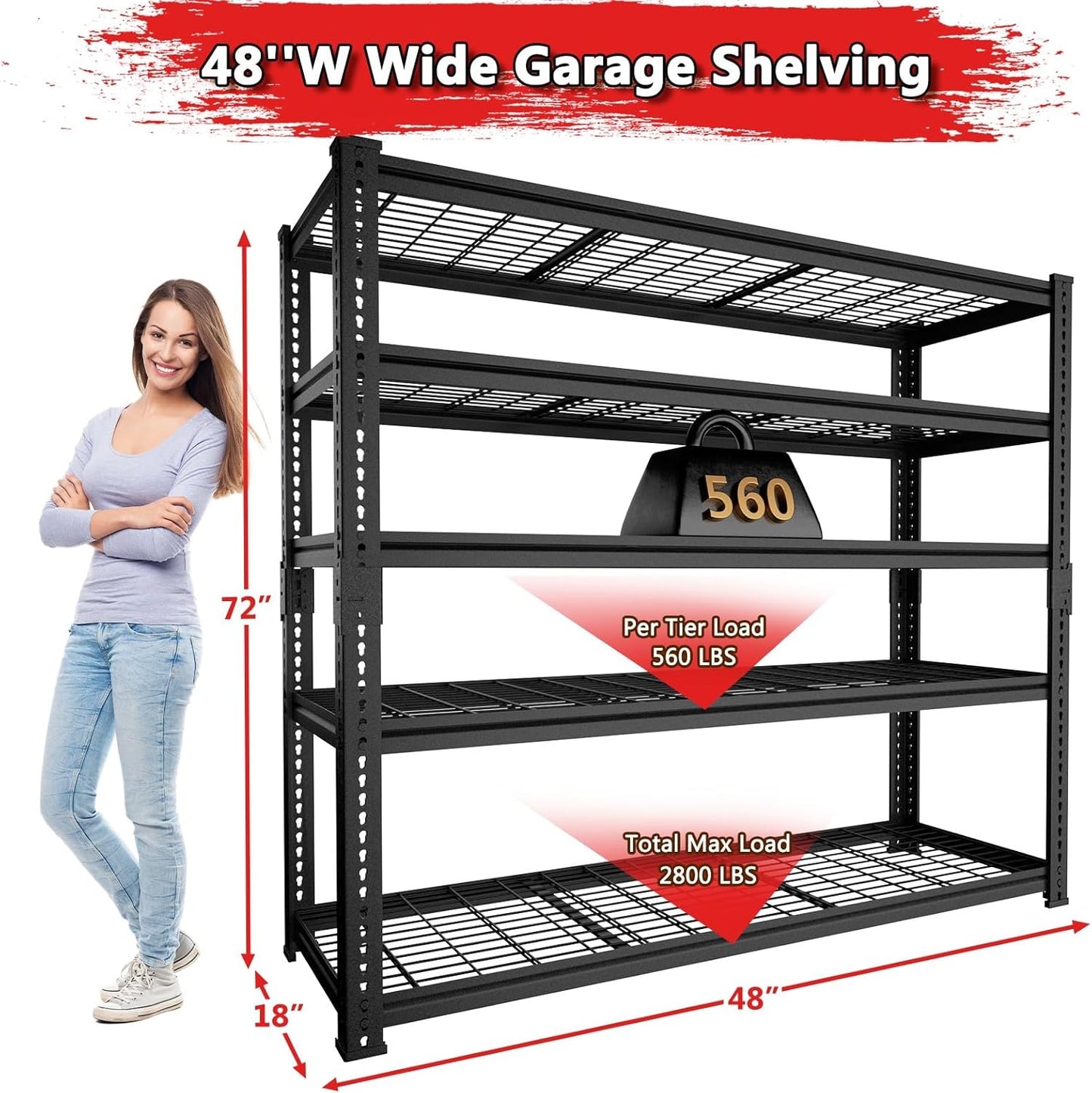 Storage Shelves, Garage Shelving Heavy Duty 2800 LBS Capacity, 48"L x 18"W x 72"H Adjustable Metal Shelving Organizer Wire Rack, 5 Tier Utility Shelf Unit for Pantry Closet Warehouse Organization