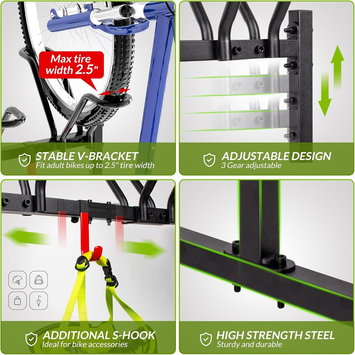 2 Bikes Floor Stand,Adjustable Bicycle Parking Rack with Hook for Garage/Indoor/Outdoor,Metal Cycle Storage Organizer Rack for Road Bikes