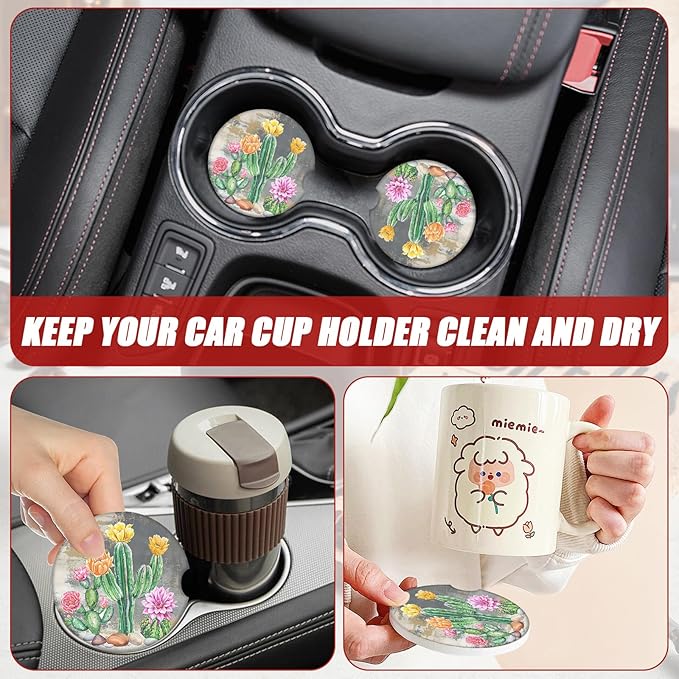 Tropical Cactus Car Coasters for Cup Holders, Plant Flower Absorbent Ceramic Car Coaster Car Cup Holder Coaster Car Accessories for Women Men (2 Pack)