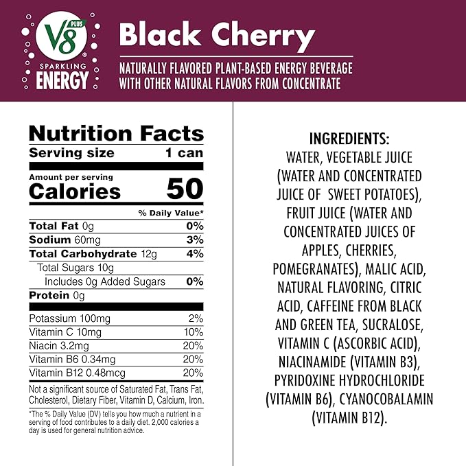 V8 +Energy Sparkling Black Cherry Juice Energy Drink, 11.5 fl oz Can (12 Pack)