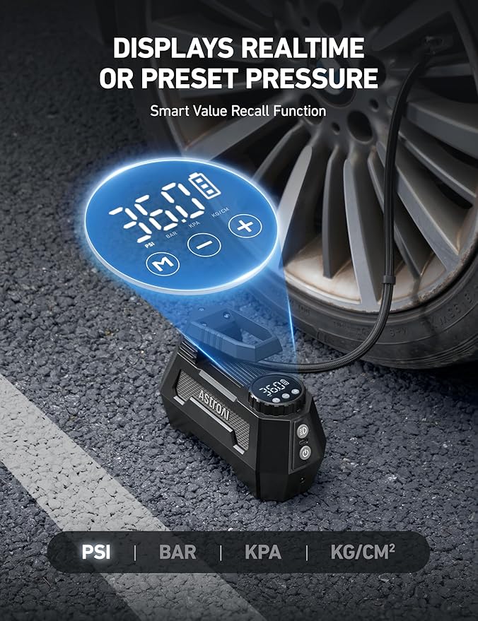 AstroAI H2 Pro Tire Inflator Portable Air Compressor Fully Upgraded Air Pump with DC 12V/Battery Dual Power Supplies Digital Pressure Gauge Fast Inflation Pump for Cars Motorcycles Bikes Balls Gray